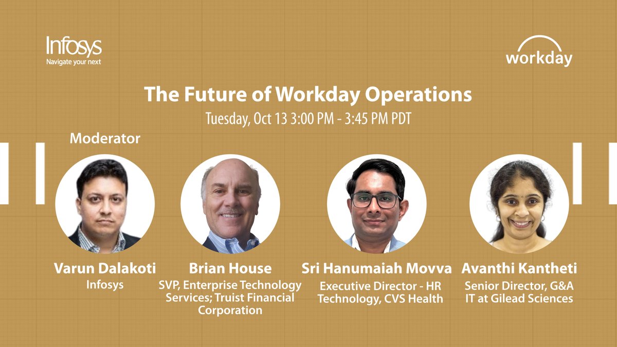 InfosysEvents's tweet photo. Panel Discussion at Workday Rising 2026 📢

AI is redefining how organizations manage and optimize @Workday. Join Infosys' customer panel with CVS Health and Truist Financial Corporation to explore how leading enterprises combine #AI and continuous
improvement to boost efficiency, service quality, and ongoing value realization.

Read more: https://t.co/KgaeugxuED 

*By clicking on the link, you will be directed to the partner website and their privacy policy applies to the processing of your personal information.

#InfyatWDRising2026 #InfosysWorkday #WDAYRising #EnterpriseTransformation #FutureOfWork #BusinessTransformation