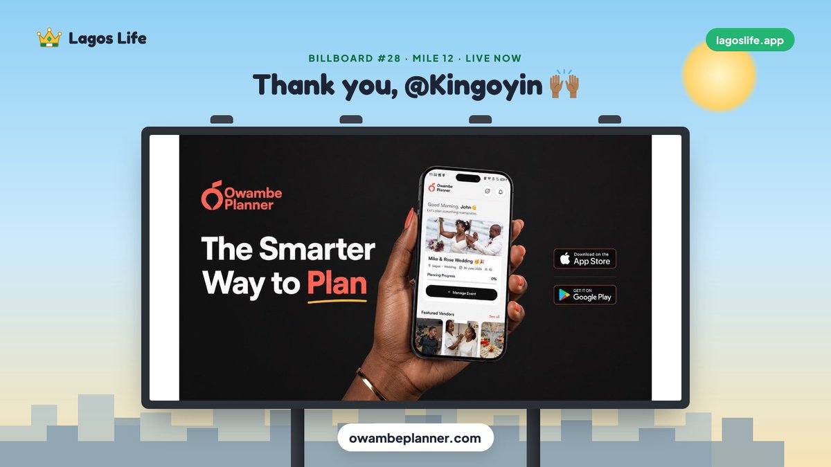 Shalom_HeyEliy's tweet photo. Thank you Kingoyin for bringing https://t.co/m0NQlbokyI (@owambeplanner) to Billboard #28 (Mile 12) and a 9×11 Sea Plot on the Lagos water in Lagos Life 🙌🏾

👉 https://t.co/DGQ77PNu54

You can promote your business too: https://t.co/Cs2d61Tv45 https://t.co/YwM2eNnb7d