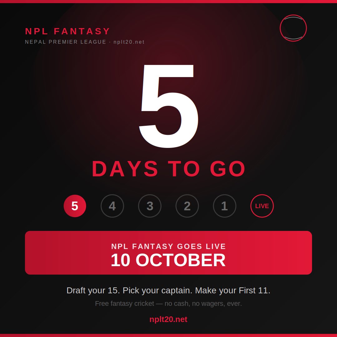 NPLFantasy's tweet photo. Draft your 15, pick your captain, and take on fans across Nepal. The first 100 managers also unlock the exclusive First 100 Managers badge. ποΈ
Free fantasy cricket for the Nepal Premier League.
π
10th Octoberβ¨π https://t.co/7vrVpKmfXy
#NPLFantasy #NPLT20 #5DaysToGo https://t.co/H24L8UOUxY