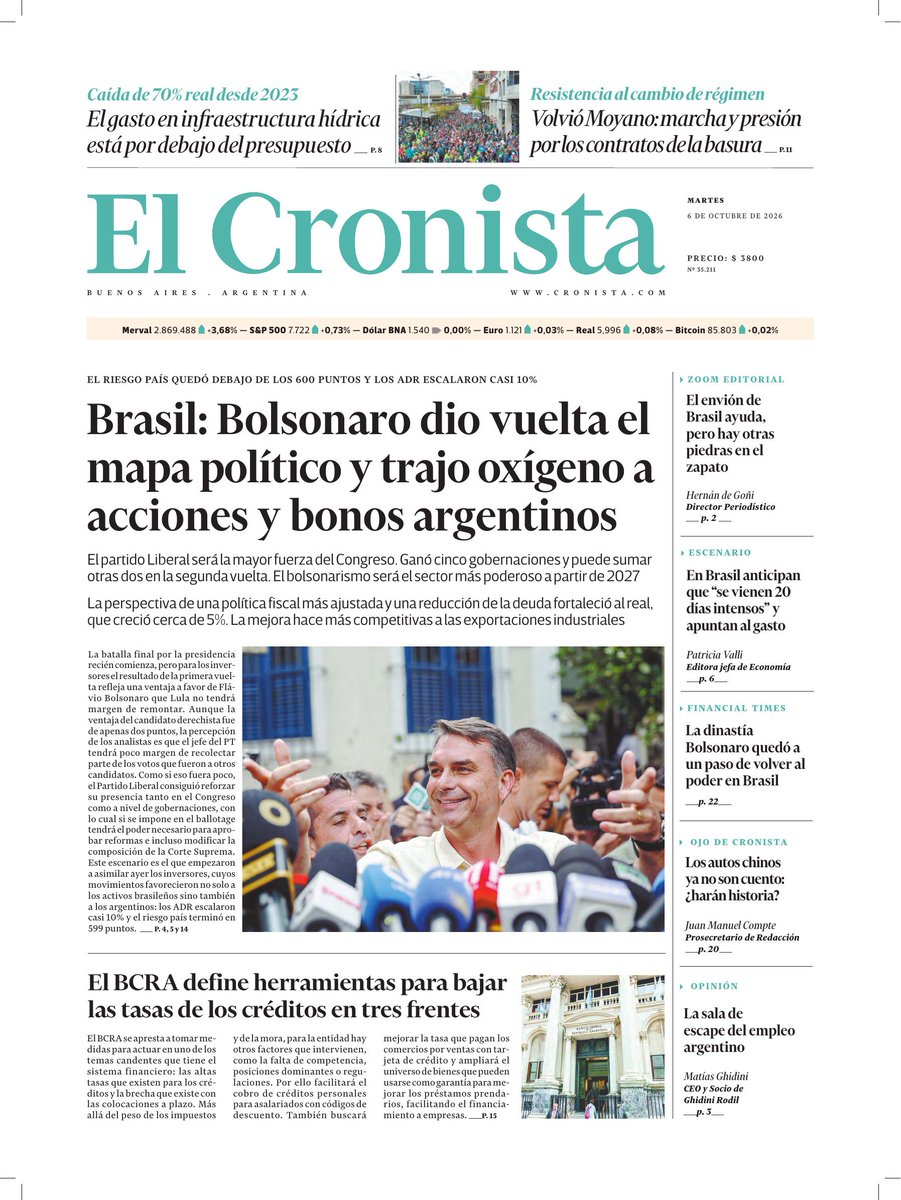 WalterVerst's tweet photo. #BuenDía y #BuenMartes para todos!!!
Te presentamos las portadas de los diarios de hoy  #Martes 06/10 #6deOctubre #6Oct2026 #6oct #6o.

#ElCronista 
#BAE https://t.co/EH9Nq162Ku