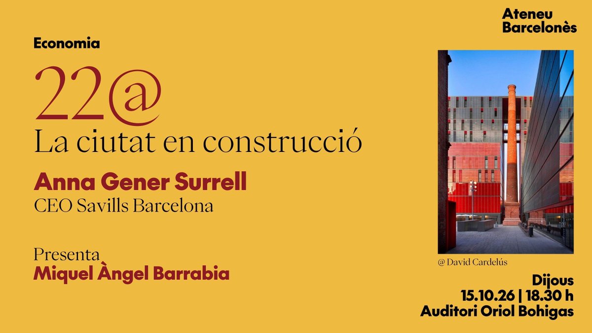 AteneuBCN's tweet photo. 🧐 Parlem del 22@, un exemple de transformació d'una zona com Sant Martí en un barri punter.

🗣️ Amb Anna Gener Surrell,  CEO de Savills Barcelona

➕ info a https://t.co/zu1tuuaOdJ https://t.co/On91BNMIz2