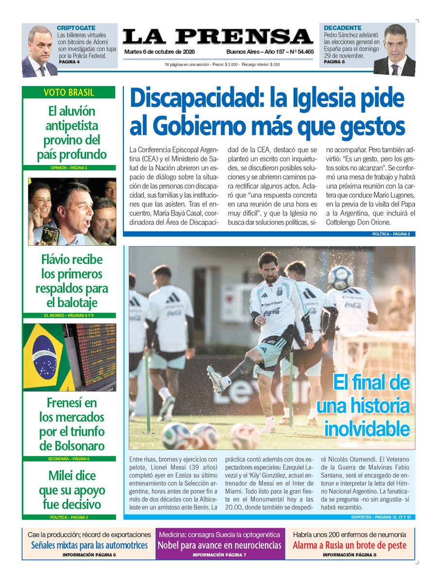 WalterVerst's tweet photo. #BuenDía y #BuenMartes para todos!!!
Te presentamos las portadas de los diarios de hoy  #Martes 06/10 #6deOctubre #6Oct2026 #6oct #6o.

#DiarioPopular 
#LaPrensa 
#Crónica https://t.co/wFqVdgkxRL