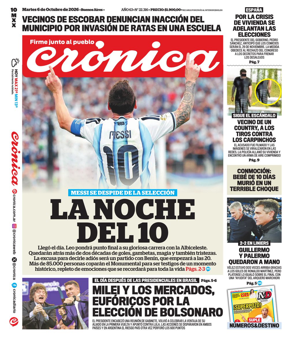 WalterVerst's tweet photo. #BuenDía y #BuenMartes para todos!!!
Te presentamos las portadas de los diarios de hoy  #Martes 06/10 #6deOctubre #6Oct2026 #6oct #6o.

#DiarioPopular 
#LaPrensa 
#Crónica https://t.co/wFqVdgkxRL