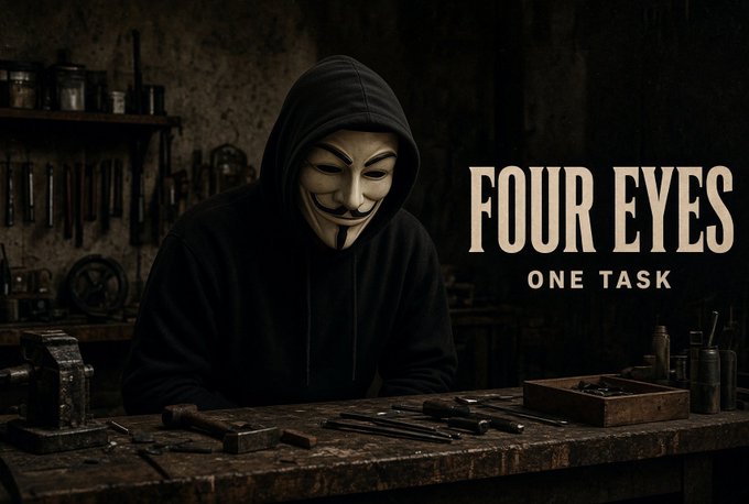 A dark, atmospheric image of a hooded figure wearing a Guy Fawkes mask at a workbench, with the text "FOUR EYES ONE TASK" overlaid on the right.