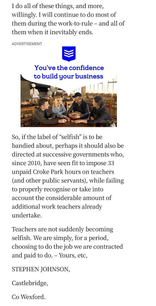 ciaraquill's tweet photo. #edchatie A nice riposte from teacher Stephen to Paul’s letter yesterday @IrishTimes accusing teachers of being “selfish” for working to rule.

“Teachers are not suddenly becoming selfish. We are simply, for a period, choosing to do the job we are contracted and paid to do.” 👏🏻 https://t.co/t6QjA9hUYG