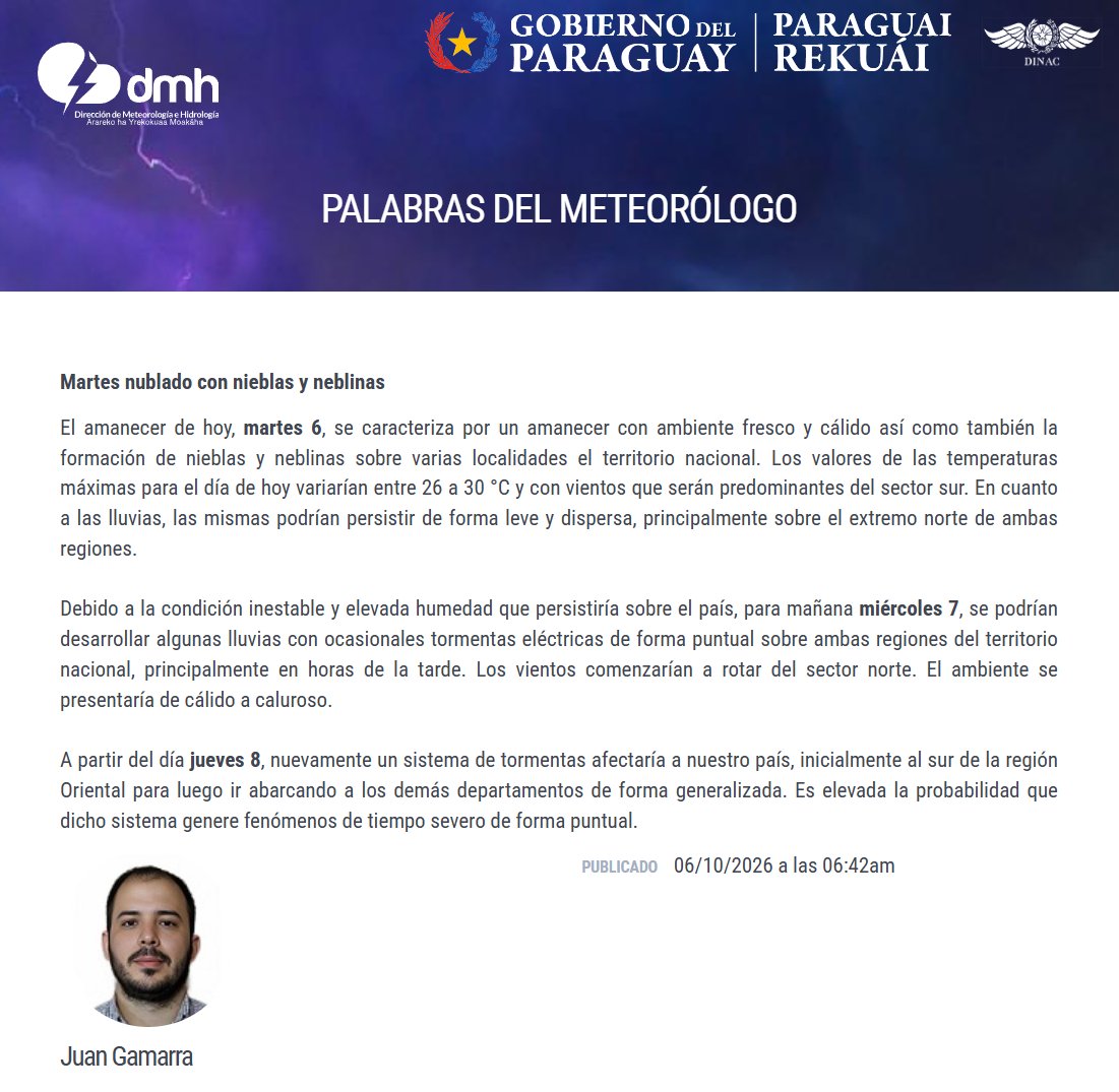 DMH_paraguay's tweet photo. Martes nublado con nieblas y neblinas
Enlace: https://t.co/czRRuGoRFT
Fecha: 06/10/2026
Hora: 06:45 h. https://t.co/X2T87ctJy4