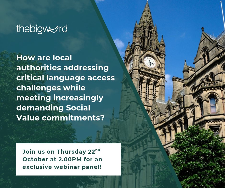 thebigword's tweet photo. Communication barriers, language shortages & social value targets challenge local authorities. Join our 22nd Oct webinar to explore an apprenticeship-led solution. β‘οΈRegister here: https://t.co/dxLNWeTapf #webinar #socialvalue #languageservices https://t.co/YGf6lazXca