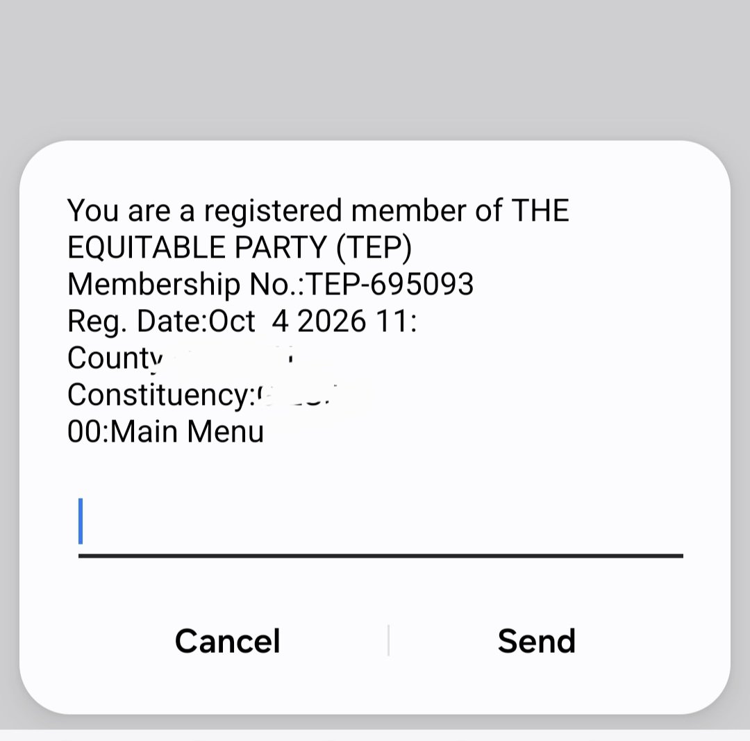 abbiezuena's tweet photo. Naona sasa @ORPPKenya all of a sudden the *509# & TEP party code 100 is now all of a sudden working!
We will occupy you if this thing lags again! Juu you will not frustrate our members!
Sisi tumejaa ngori btw!! Stop playing games with Kenyans!
Sisi Ndio Sifuna.
Yaani hadi checking membership status is now working! Ni sawa kama mnataka tuishi hivi, basi wacha tuishi hivi!
Kindly confirm you can now register for those that were stuck!
#ReformORPP