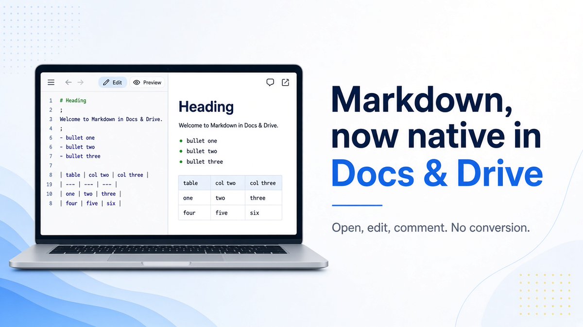 appunik_studio's tweet photo. Google Docs now opens .md files as they are. No converting to a Doc first.

Edit, comment and collaborate in real time. Drive shows a rendered preview with tables and links.

Handy if your agents write everything in markdown.

Rolling out over 15 days.

https://t.co/VkLtAAL21K https://t.co/He2ZeB2HUX