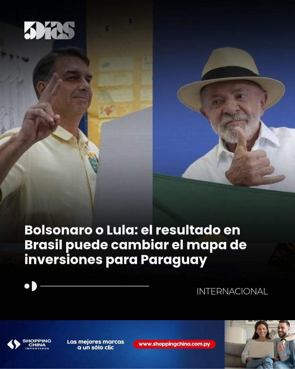 5DiasPy's tweet photo. 🇧🇷📈 Brasil va al balotaje y Paraguay mira de cerca.

El resultado del 25 de octubre puede cambiar el escenario para las inversiones brasileñas, la maquila y el comercio entre ambos países.

Con 165 empresas maquiladoras de capital brasileño y el 62% de las exportaciones de maquila dirigidas a Brasil, el resultado tendrá impacto más allá de la frontera.

¿Qué puede cambiar para los negocios paraguayos?

Leé el análisis completo en https://t.co/qS090rVplu 

#5Días #Brasil #Inversiones #Maquila #Economía #Negocios #Paraguay