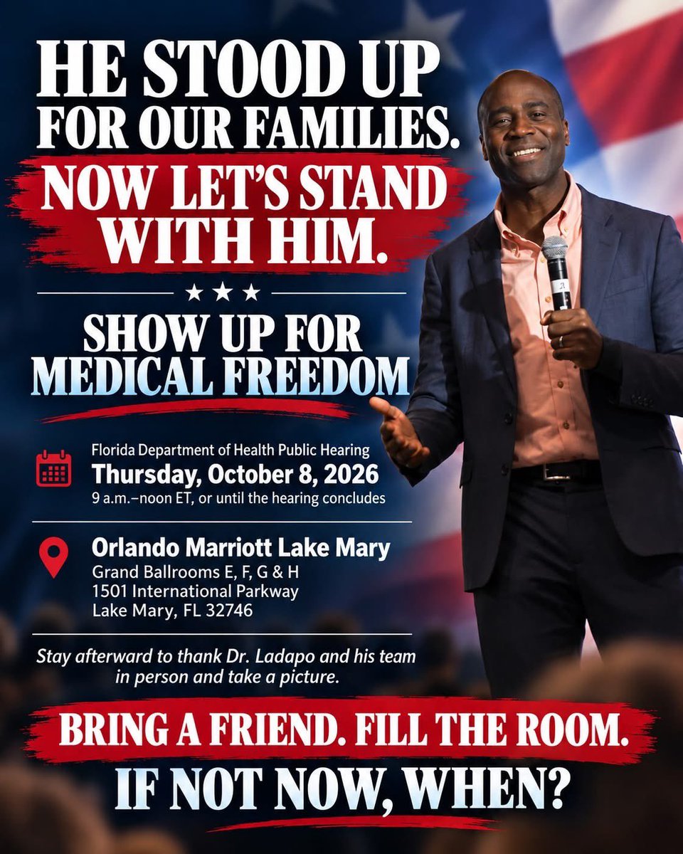 BriannaLadapo's tweet photo. Fellow warriors, I have a favor to ask. This Thursday is Florida's public hearing—which was requested by the Florida chapters of the American College of Physicians and the American Academy of Pediatrics—to ultimately determine whether the Department of Health is able to remove existing mandatory entry requirements for four vaccines (Hepatitis B, Haemophilus influenzae type b, Varicella, and Pneumococcal conjugate). The ACP and AAP are trying to prevent my courageous husband, Dr. Joseph Ladapo, from removing these mandates, so if you support informed consent, parental choice, and individualized medical decision-making, we need you to show up and support medical freedom. Help us fill that room and make sure the voices of justice are louder than the voices of oppression and control.

With gubernatorial elections only a month away, this is likely our last chance to make this needed change, so please join us this:

📅 Thursday, October 8, 2026
⏰ 9 a.m.–noon ET, or until the hearing concludes
📍 Orlando Marriott Lake Mary
Grand Ballrooms E, F, G & H
1501 International Parkway, Lake Mary, FL 32746

If you’ve ever said, “Thank God for Dr. Ladapo,” please walk the talk and stand with us this week on Thursday, October 8th. 

Bring your family. Bring friends. Share this everywhere. Fill the room.

There will be an opportunity to come together with Joe and his team to thank them personally and take pictures.❤️