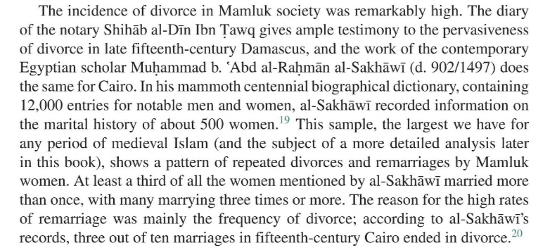 lbnBattuta's tweet photo. An interesting shift between medieval and modern Muslim societies is how they viewed divorce.

In the 1400s MENA, it was common. In Cairo, around 30% of marriages ended in divorce. People remarried without social stigma, many even multiple times.

Today it's often stigmatized. https://t.co/Y076KNDIRZ