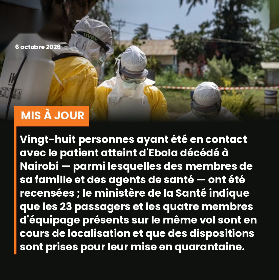 observatoirerdc's tweet photo. 🚨 #Kenya |: 28 personnes ayant été en contact avec le patient décédé à #Nairobi ont été recensées, dont des proches et des agents de santé. Les 23 passagers et 4 membres d’équipage du même vol sont recherchés et des mesures sont prises pour leur mise en quarantaine. #Ebola #RDC https://t.co/hXUB9NLHCP