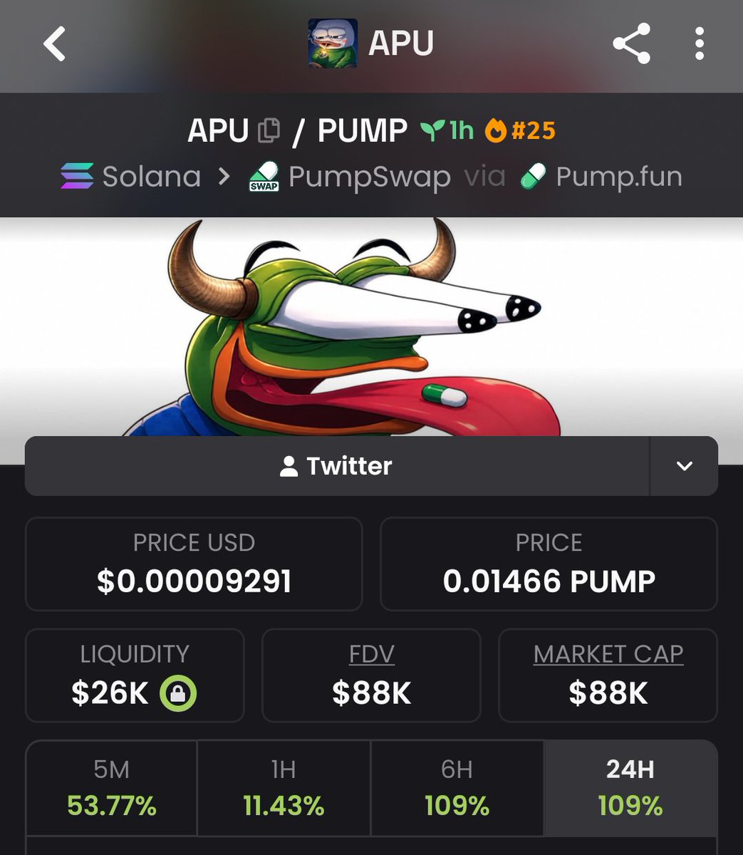 meme_opportunit's tweet photo. I dropped $APU in my private group at $5.0K mcap — now around $88K mcap 💯📈Another early setup making serious moves. 🔥
Follow me + join my TG Group &amp; Discord for more opportunities like this.
#Crypto #Trading #Altcoins

CA 
E7eCZS2cq655qJ7uVx3dSHR2zK31kwNQsWS6P6Hpump https://t.co/nxt42W4zjb