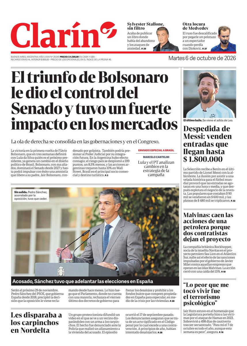 WalterVerst's tweet photo. #BuenDía y #BuenMartes para todos!!! 
Te presentamos las portadas de los diarios de hoy  #Martes 06/10 #6deOctubre #6Oct2026 #6oct #6o.

#Clarin 
#LaNación 
#Página12 https://t.co/0FiBZTM6th