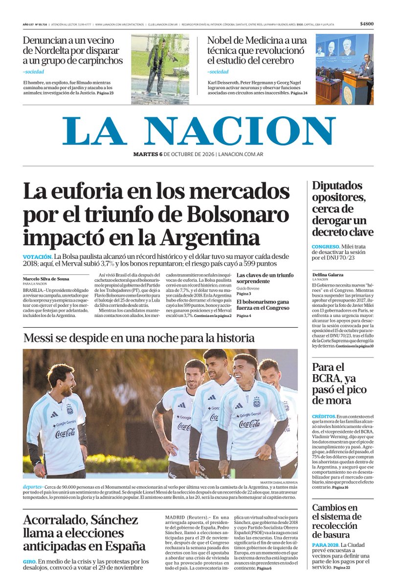 WalterVerst's tweet photo. #BuenDía y #BuenMartes para todos!!! 
Te presentamos las portadas de los diarios de hoy  #Martes 06/10 #6deOctubre #6Oct2026 #6oct #6o.

#Clarin 
#LaNación 
#Página12 https://t.co/0FiBZTM6th