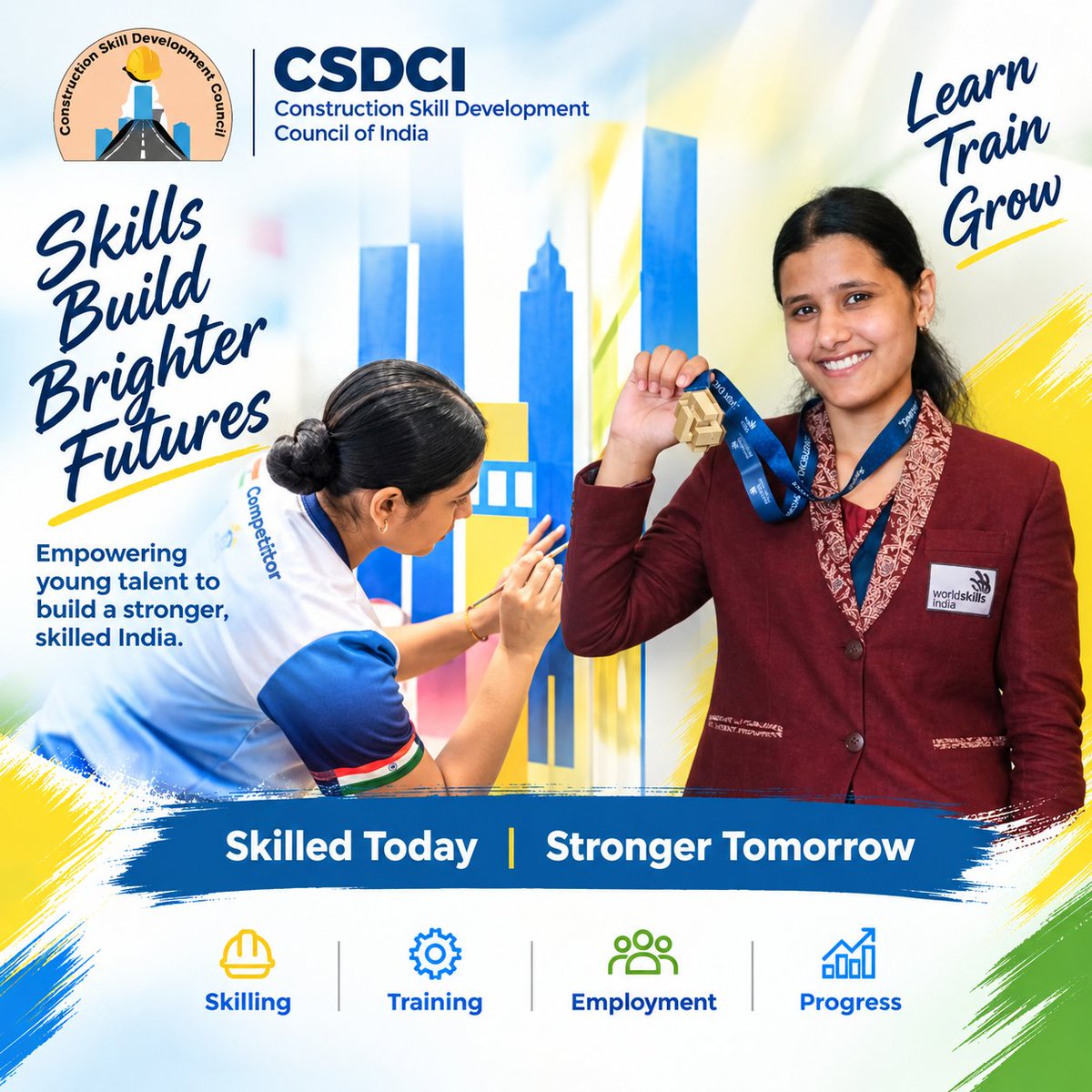 ConstructionSSC's tweet photo. She Skills. She Excels. She Inspires. 🇮🇳

CSDCI congratulates Muskan on winning the Medal for Excellence in Painting &amp; Decorating at #WorldSkillsShanghai2026, securing Rank 10 globally! 🏅

A proud moment for India’s skilled youth. Keep inspiring, Muskan! https://t.co/ju6tHubqmI
