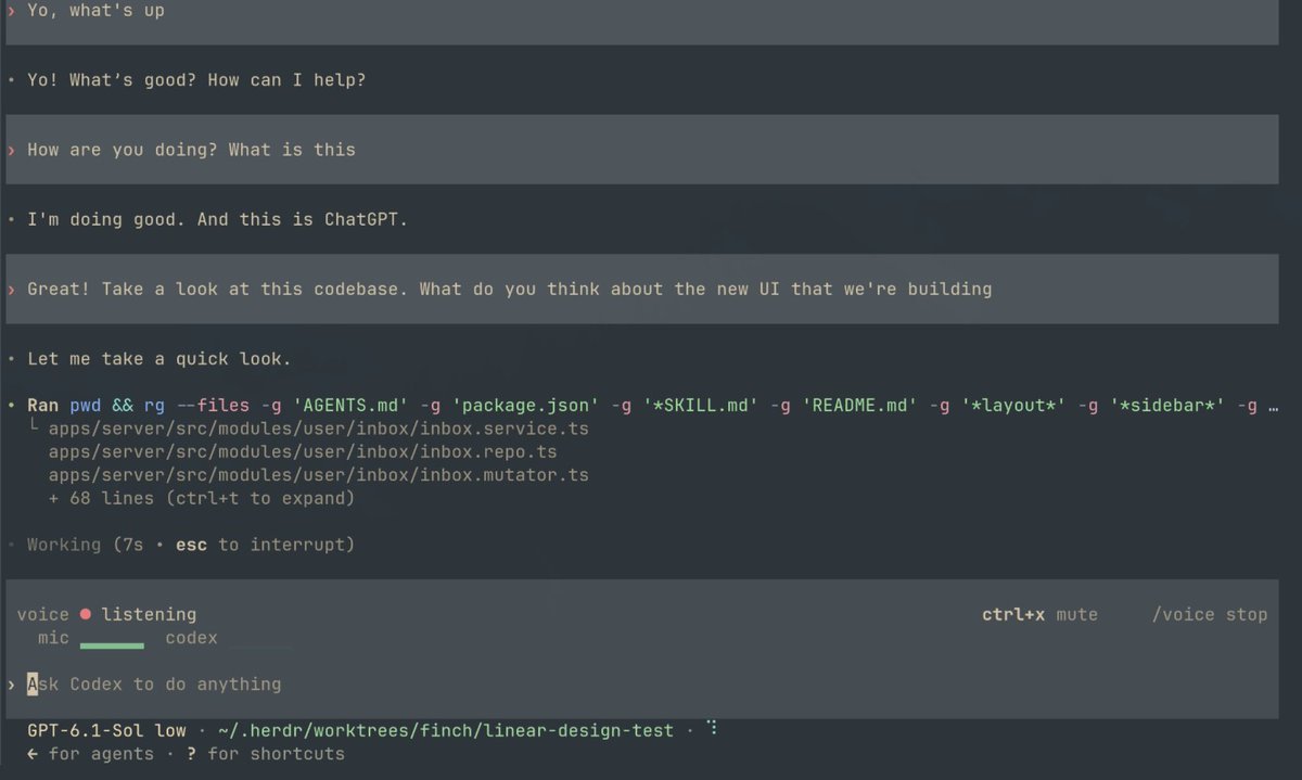 abrordev1's tweet photo. man new codex cli voice mode is crazy good🤯🤯 https://t.co/YefGXtE0ym