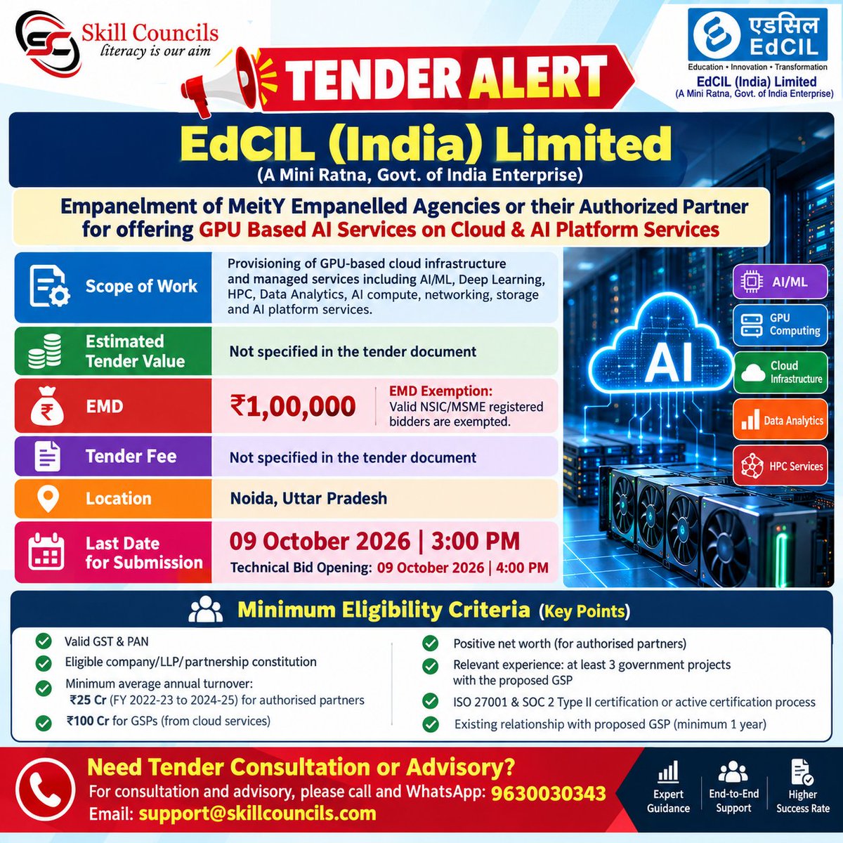 Skillcouncils's tweet photo. π¨ TENDER ALERT | GPU & AI CLOUD SERVICES
Tender Authority: EdCIL (India) Limited β Govt. of India Enterprise
β° LAST DATE: 09 October 2026 | 3:00 PM
Technical Bid Opening: 09 October 2026 | 4:00 PM
#TenderAlert #GovernmentTender #EdCIL #GPUTender #AITender #CloudComputing https://t.co/Z8CeOPCKQ1