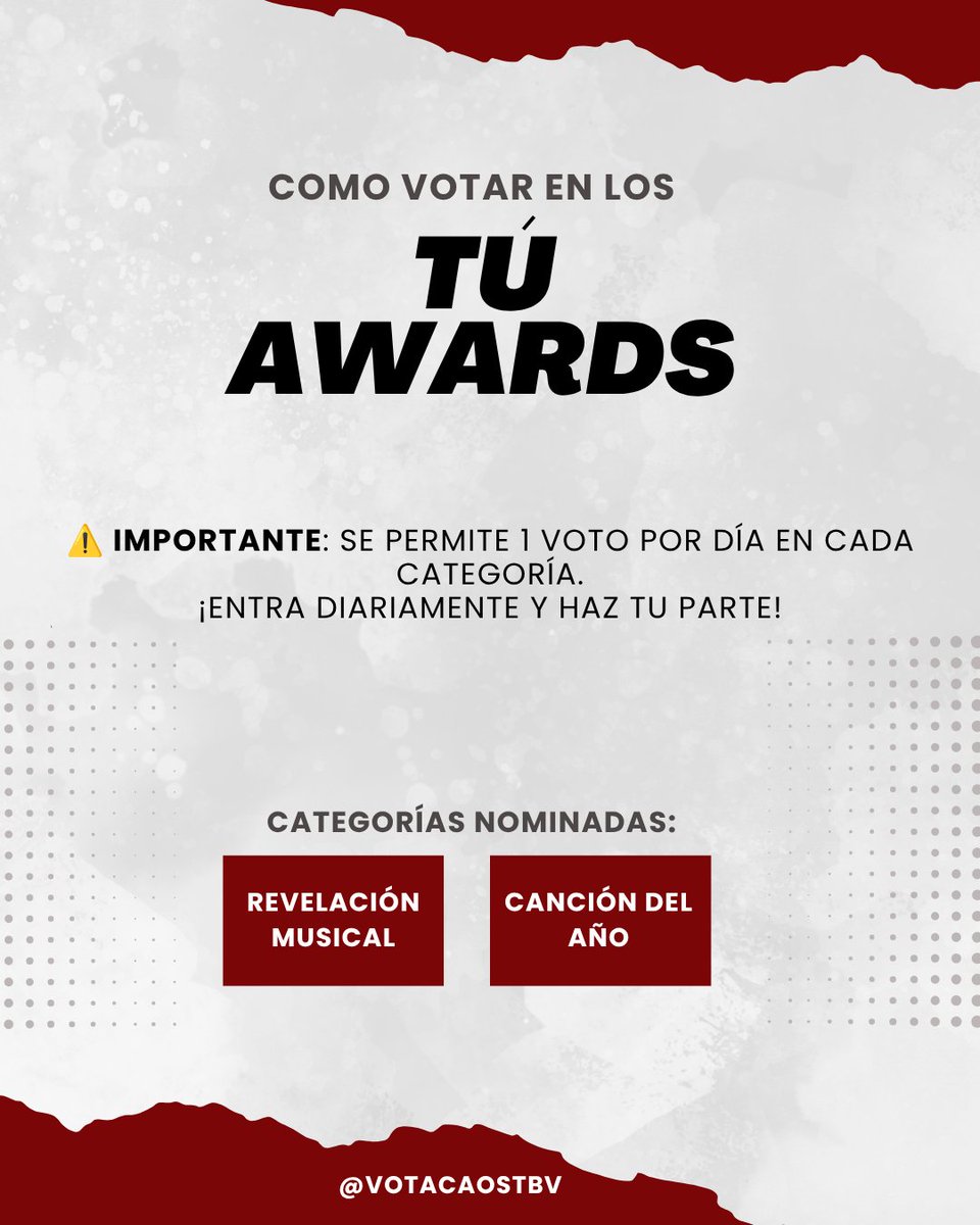 votacaostbv's tweet photo. 🚨 VOTO DIÁRIO: TÚ AWARDS!

Entrem no site e votem 1x hoje nas 2 categorias:

✨ Revelación musical del año: https://t.co/N67LhFGF1Z
✨ Canción del año: https://t.co/JAjjEiWSQ5

📸 Vote e mande o PRINT aqui nos comentários pra confirmar o check-in do dia https://t.co/S7kCGWb4Ao