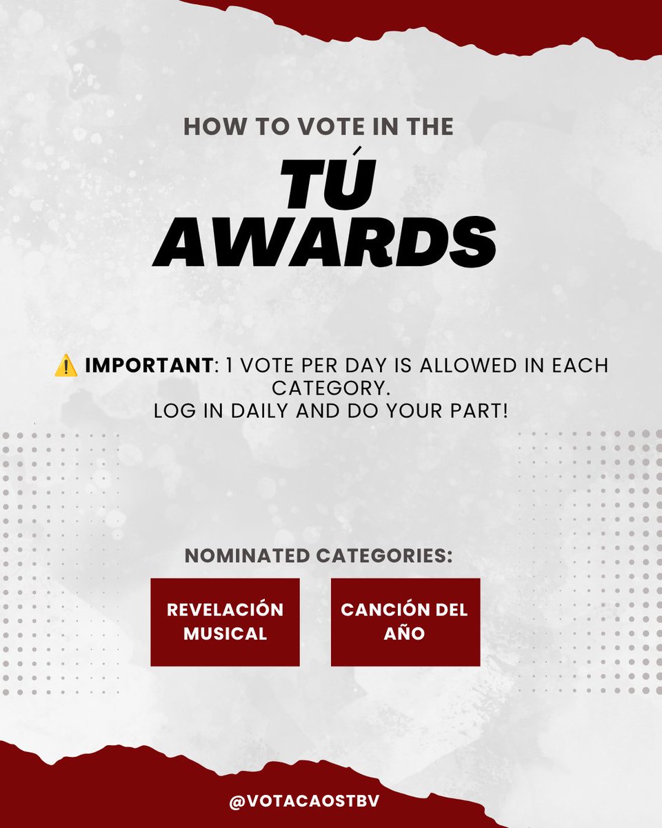 votacaostbv's tweet photo. 🚨 VOTO DIÁRIO: TÚ AWARDS!

Entrem no site e votem 1x hoje nas 2 categorias:

✨ Revelación musical del año: https://t.co/N67LhFGF1Z
✨ Canción del año: https://t.co/JAjjEiWSQ5

📸 Vote e mande o PRINT aqui nos comentários pra confirmar o check-in do dia https://t.co/S7kCGWb4Ao