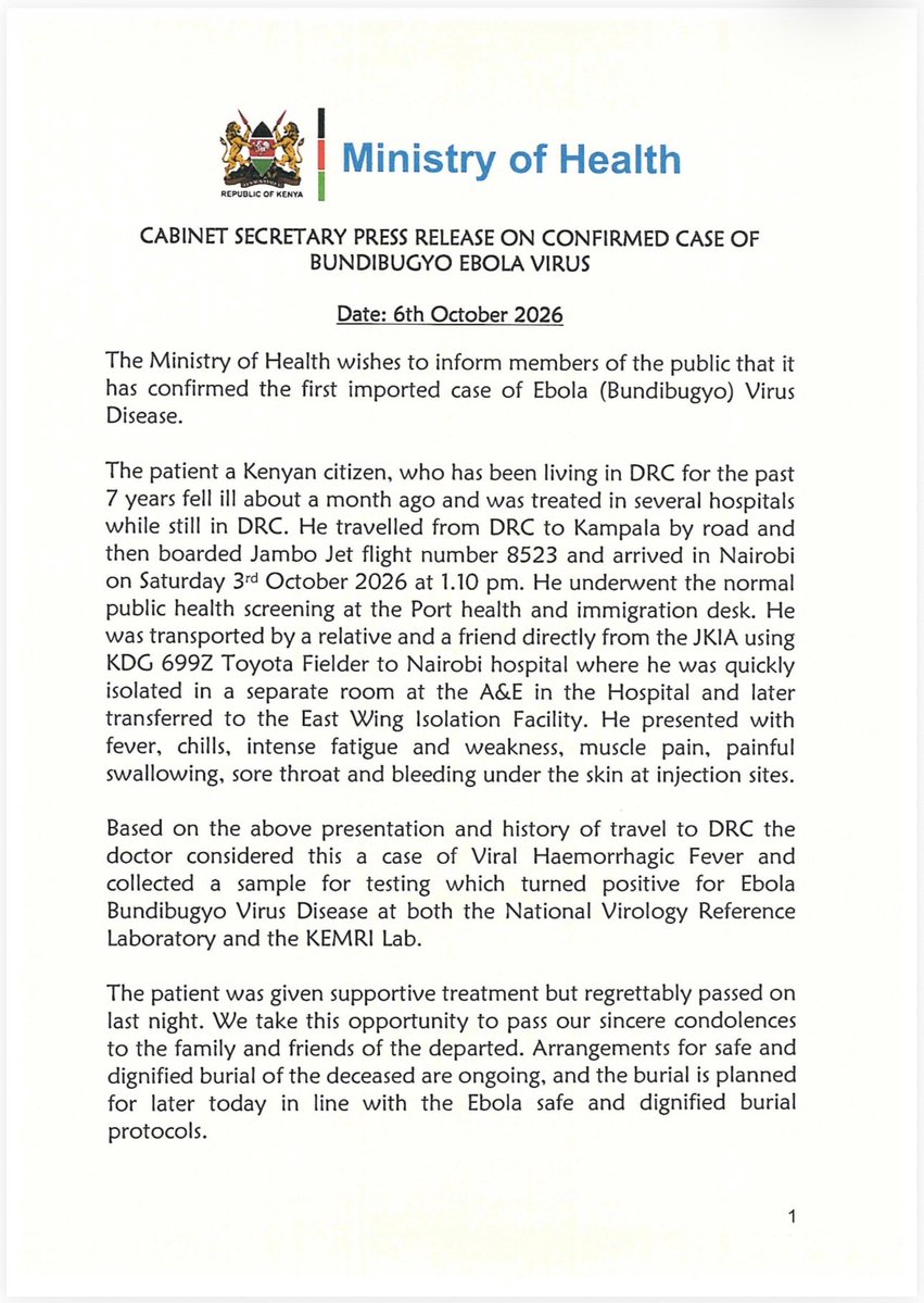 MOH_Kenya's tweet photo. Ministry of Health Statement on the Confirmed Imported Case of Bundibugyo Ebola Virus Disease | 6 October 2026 https://t.co/DRLSyXAZYR
