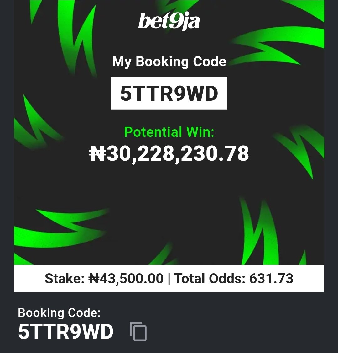 lekan_mark's tweet photo. 5TTR9WD    6/6 
5TTRDF3      6/6   💥  E don boom already 💪 

#Bet9jaCode 
#Bet9jaCode https://t.co/tQ4qv2MWfA