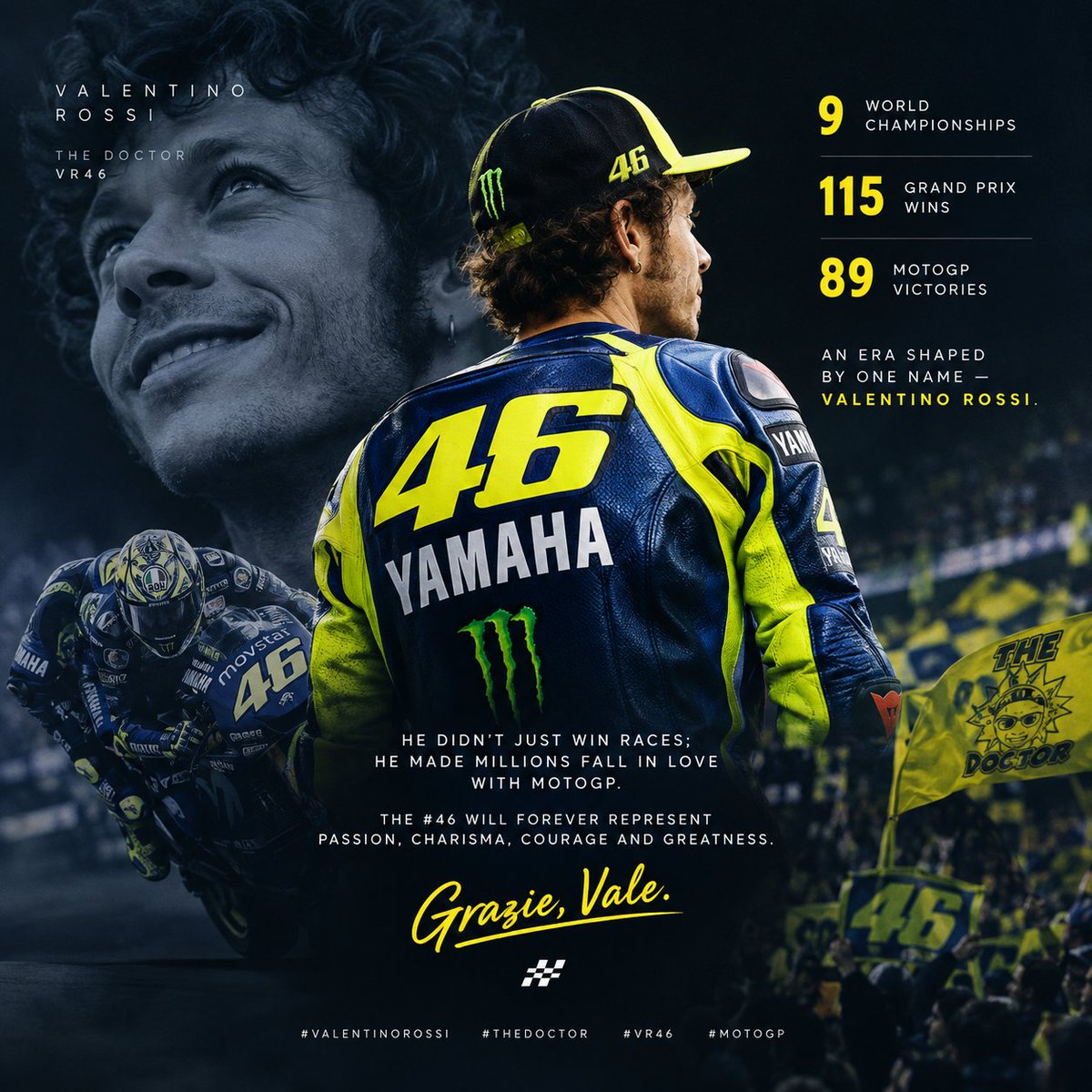 jacobjones4946's tweet photo. 9 World Championships. 115 GP wins. 89 MotoGP victories. 🐐💛

Valentino Rossi didn’t just win races; he made millions fall in love with MotoGP. The #46 will forever stand for passion, courage and greatness.

Grazie, Vale. 🏁💛

#ValentinoRossi #TheDoctor #VR46 #MotoGP https://t.co/6OCtlrneng