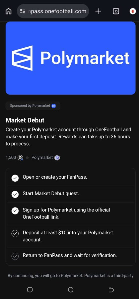 ola715713's tweet photo. @chokmahxbt I completed every single step of the OneFootball FanPass “Market Debut” quest with Polymarket, but the quest still won’t fully tick and I haven’t received the reward. My Polymarket activity clearly shows the deposits. Please manually review and fix this. @chokmahxbt https://t.co/g1ew0qRFej