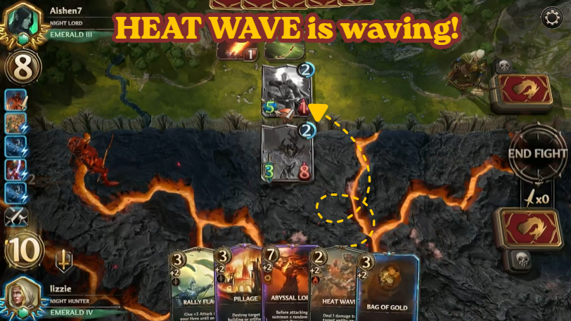 A screenshot from a card game showing the text 'HEAT WAVE is waving!' at the top, displaying a hand of cards including Heat Wave, Pillage, and Rally Flag on a volcanic battlefield.