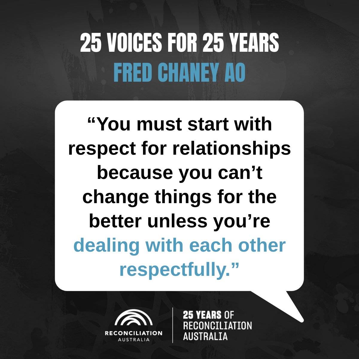 RecAustralia's tweet photo. As we mark 25 years, we're highlighting the work, impact &amp; legacy of #25Voicesfor25Years.

Fred Chaney AO served on @RecAustralia board for 15 years &amp; strongly believes respectful relationships are essential building blocks for advancing reconciliation.

#Reconciliation https://t.co/QPiErxNbvO