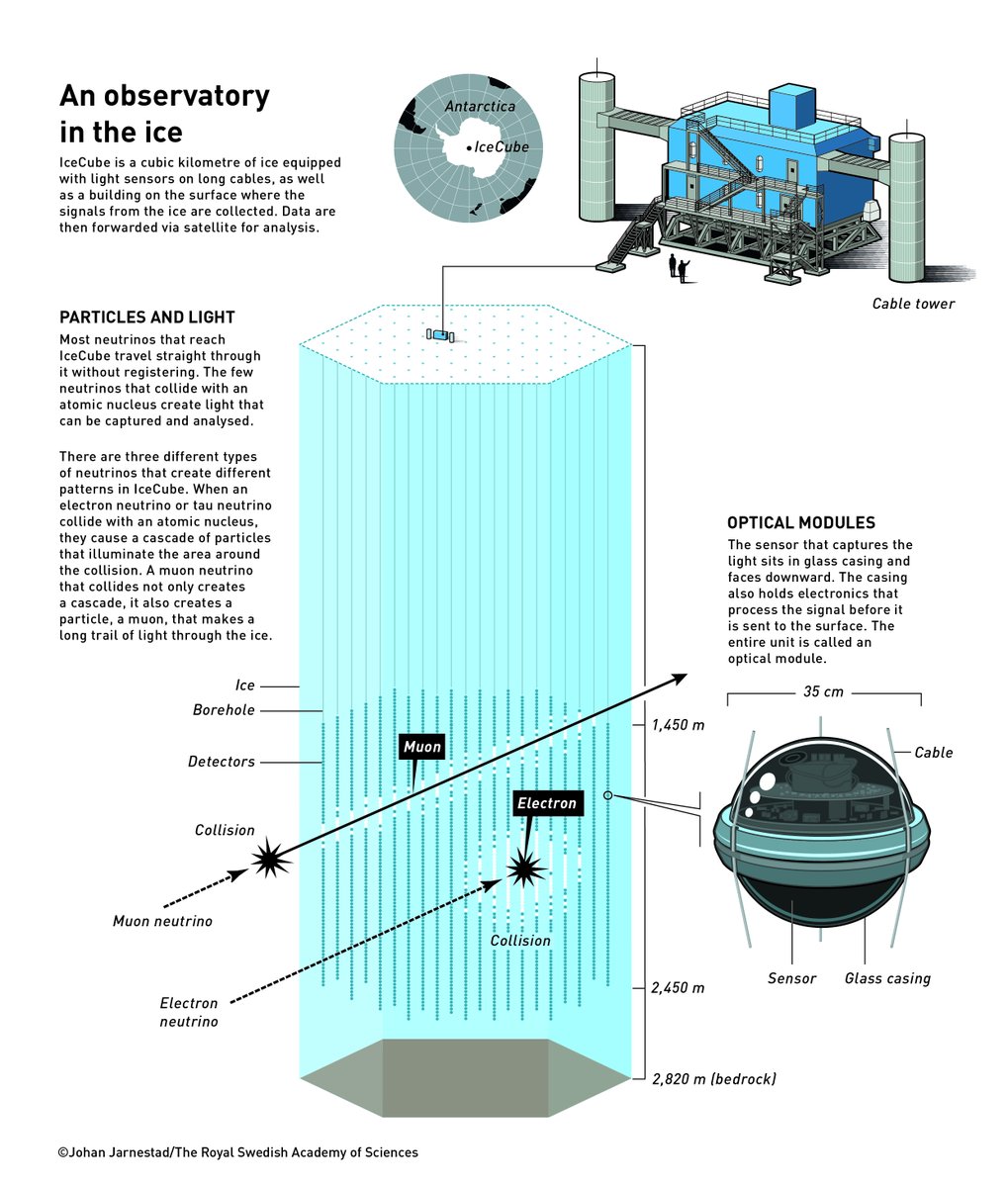 NobelPrize's tweet photo. Cosmic neutrinos with extremely high energies are very rare, so an enormous volume of ice is needed to observe an adequate number of collisions. The IceCube Neutrino Observatory covers an entire cubic kilometre and was finished in 2011. Researchers soon discovered the first high-energy neutrinos and, a few years later, could publish their discovery of neutrinos that must originate far outside our solar system. The search for the universe’s neutrino sources could begin in earnest.

Francis Halzen has received the 2026 #NobelPrize in Physics for his decisive contributions to the IceCube Neutrino Observatory and the discovery of high-energy neutrinos of astrophysical origin.