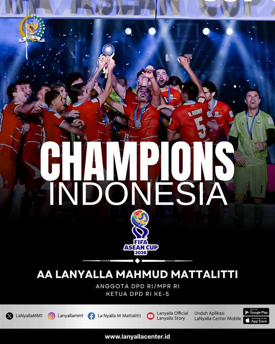 LaNyallaMM1's tweet photo. SELAMAT DAN SUKSES, TIM NASIONAL SEPAKBOLA INDONESIA ๐ฒ๐จ๐
Selamat atas keberhasilan Timnas Sepakbola Indonesia meraih gelar juara FIFA ASEAN Cup 2026.
#lanyalla #fifaaseancup2026 #timnas #dpdri #dpdrijatim https://t.co/gjTNXzCHHU