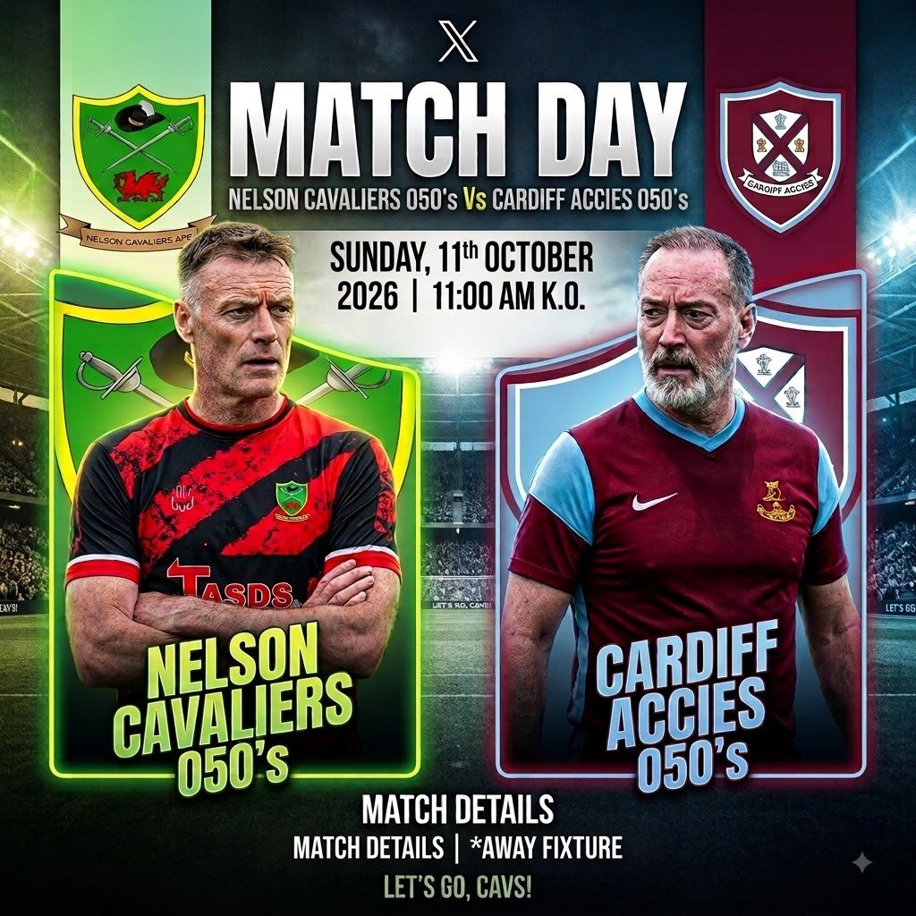 NelsonCavsVets's tweet photo. 🔴⚫ Fixture Update ⚫🔴

Our 050's take on the Cardiff Accies in an exciting away fixture this weekend ⚔️

🗓️ Sunday, 11th October 2026
⏰ 11:00 AM K.O.
🆚 @CardiffAcsVets 
📍 Uni Fields | Llanrumney 

#UpTheCavs #WalesVets https://t.co/l39HsLFnOw