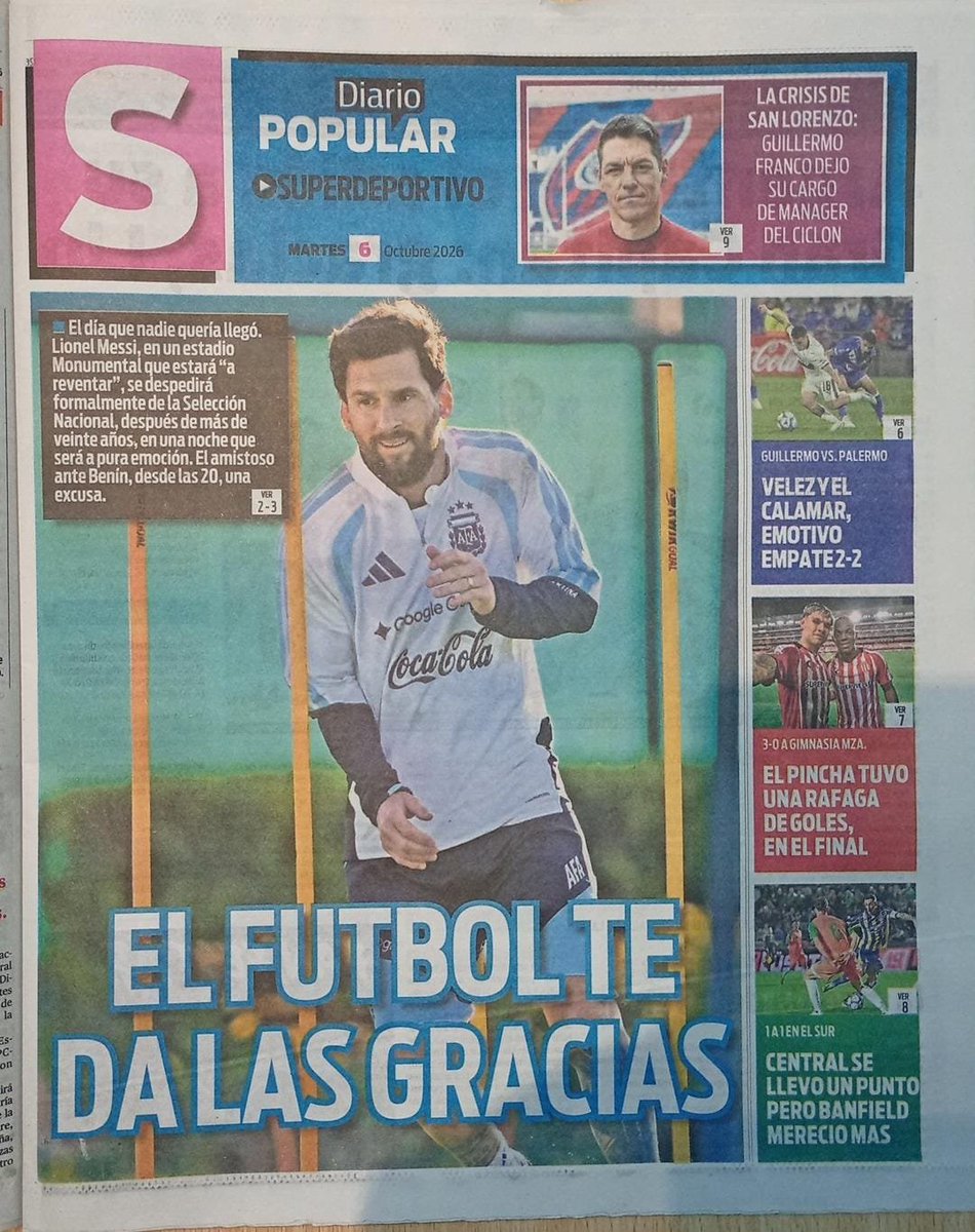 WalterVerst's tweet photo. #BuenDía y #BuenMartes para todos!!!
Te presentamos las portadas de los diarios de hoy  #Martes 06/10 #6deOctubre #6Oct2026 #6oct #6o.

#DiarioOlé 
#Superdeportivo https://t.co/zTAL8BGj2j
