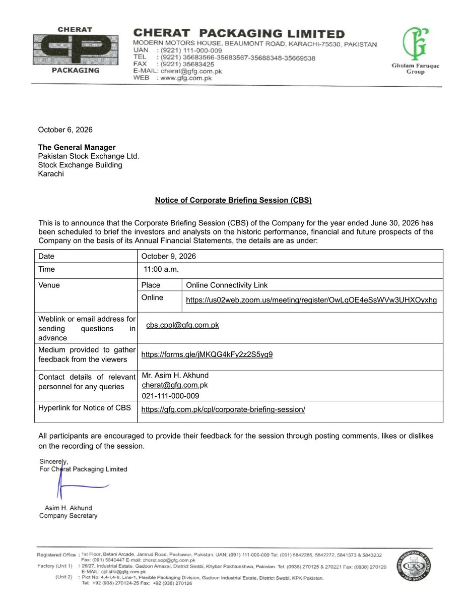 ChasePSXNotices's tweet photo. CPPL: Notice of Corporate Briefing Session
𝐒𝐜𝐡𝐞𝐝𝐮𝐥𝐞𝐝 𝐟𝐨𝐫 𝐅𝐫𝐢 𝟗 𝐎𝐜𝐭 𝟐𝟎𝟐𝟔 𝐚𝐭 𝟏𝟏:𝟎𝟎 𝐀𝐌 | 𝐕𝐞𝐧𝐮𝐞: 𝐏𝐥𝐚𝐜𝐞 + 𝐙𝐨𝐨𝐦
#PSX #Stock #News #CPPL #CorporateBriefing https://t.co/5gNtWDiitL