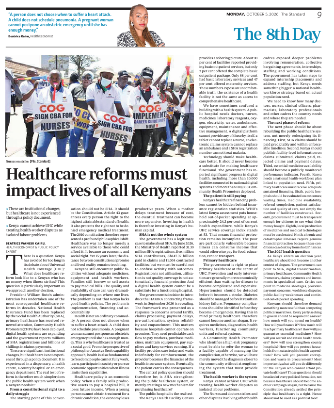 KELINKenya's tweet photo. Kenya doesn't lack health policies. @StandardKenya's #The8thDay asks whether the system works for the patient. 👇

📌 Only 2% of facilities offer the complete basic outpatient package, and 47% offer maternity services (Health Facility Census)
📌 Unions cite 150 health worker strikes since devolution
📌 Out-of-pocket spending is about 24.2% of health expenditure (WHO)

Registered ≠ treated. UHC works when a patient finds care, medicines and a health worker on duty.

#UniversalHealthCoverage #HealthRights #HealthGovernance

@Trans4mHealthKe
@Trans4m_Health
@MalecheAllan
@RaiseYourV_oice
