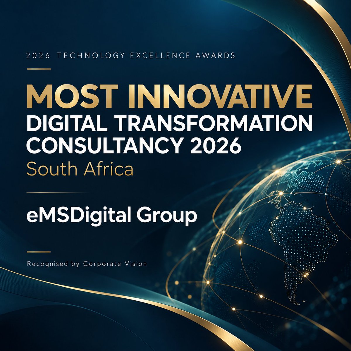 eMSdigital's tweet photo. eMSDigital Group has been named Most Innovative Digital Transformation Consultancy 2026, South Africa, in CV's 2026 Technology Excellence Awards.

After 16 years, we’re still evolving, challenging assumptions and building what comes next.

#DigitalTransformation #RevenueAlignment https://t.co/bOHDj1dEEZ