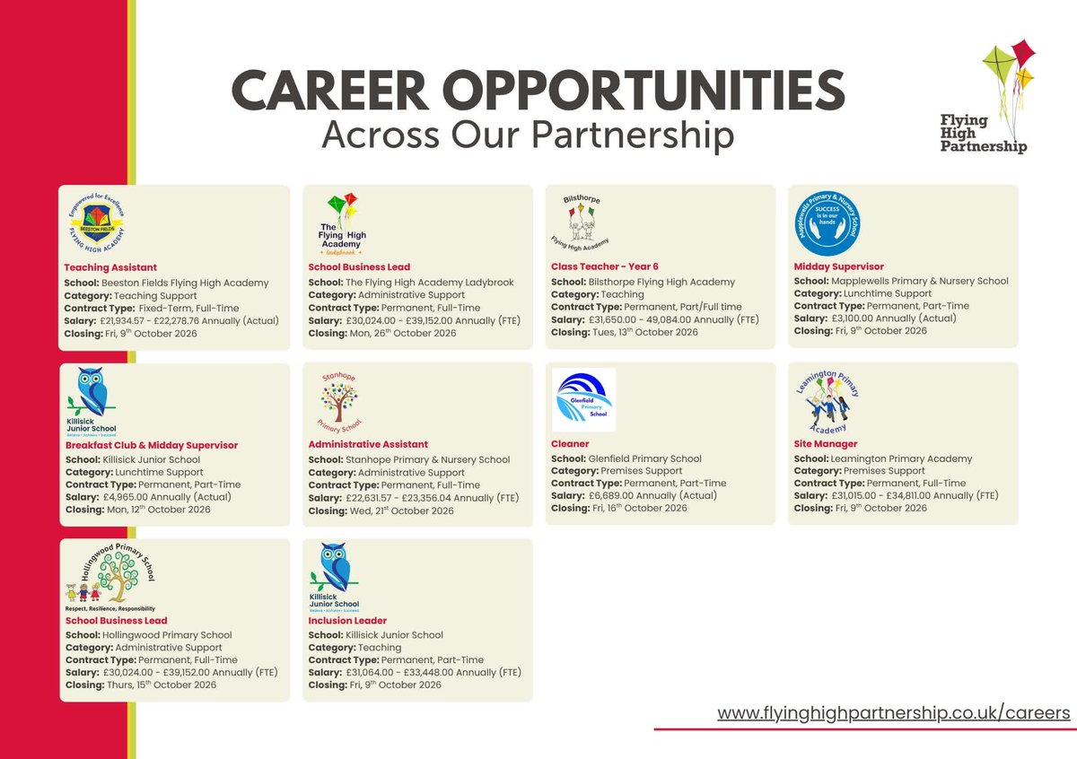 FlyingHighTrust's tweet photo. Looking for a role where you can make a real difference?🌱
We're recruiting across Flying High Trust and would love to hear from passionate people ready for their next opportunity.
Explore our latest vacancies👇
#FlyingHighTrust #EducationJobs #CareersInEducation #Recruitment https://t.co/sV5X16gHvz