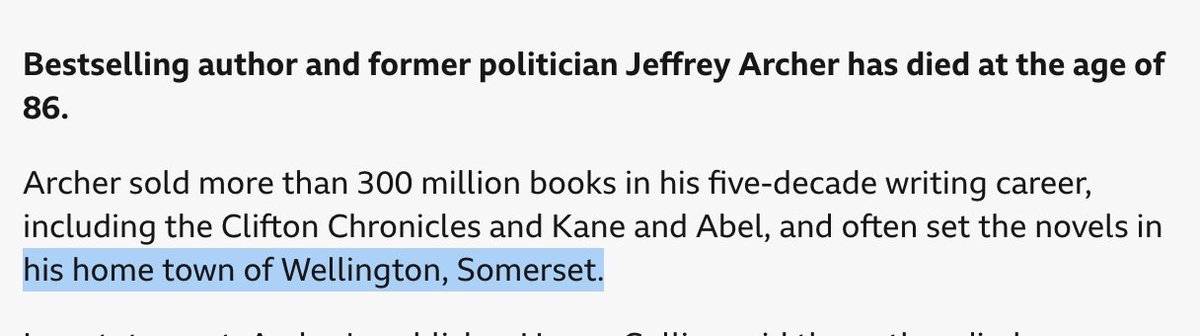 kosso's tweet photo. @HenryMooreNews (Assuming you wrote this) ...

Jeffrey Archer only went to school in Wellington.  It was never his "home town".

His home town was Weston-Super-Mare. https://t.co/yMdx37c3g8