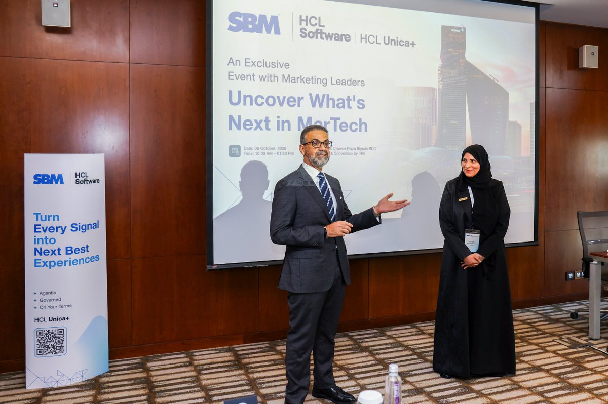 SBMsaudi's tweet photo. AI is moving marketing from automation to intelligence.

Today, SBM and HCLSoftware explored what this shift means for the Intelligence Economy, and how AI-powered platforms like HCL Unica+ can help organizations turn customer data into more intelligent, personalized, and connected marketing experiences.

The future of marketing isn’t just about doing more with AI.

It’s about making better decisions with it.

The conversation continues.

#SBM #HCLSoftware #MarTech #AI #IntelligenceEconomy