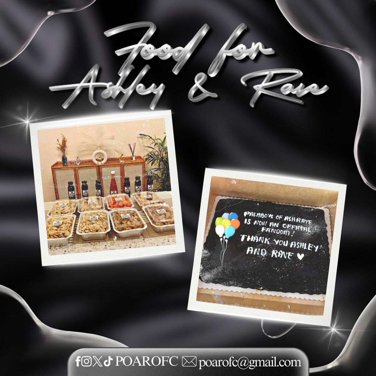 POAROFC's tweet photo. 𝐀 𝐋𝐈𝐓𝐓𝐋𝐄 𝐒𝐔𝐑𝐏𝐑𝐈𝐒𝐄 𝐅𝐎𝐑 𝐀𝐒𝐇𝐑𝐀𝐕𝐄! 🖤

For today’s ganap, we wanted to send a little something to Ashley and Rave—and since Ashley requested it, we prepared a spread of their favorite street foods to enjoy! ✨

But of course, we couldn’t let this moment pass without making it extra special. We also sent them a dedication cake with a little surprise of its own—celebrating the fact that Palaboys of AshRave is now officially recognized as a fandom! 🖤

We’re so happy to celebrate this new chapter with you in our own little way. 🥹

#POAROFC