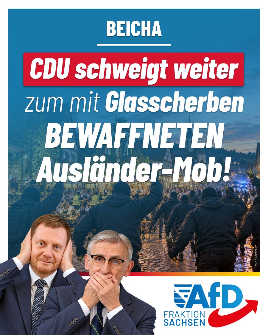 AfD_SLT's tweet photo. Dieser Fall hat ganz Sachsen schockiert: 20 Ausländer überfielen in Beicha ein Dorffest und veranstalteten mit abgebrochenen Flaschen eine Hetzjagd auf friedliche Gäste. Zehn Opfer wurden teils schwer verletzt.

Nachdem die Polizei die Öffentlichkeit zunächst nur spärlich mit Informationen versorgte, gab sie nun am Nachmittag des 5. Oktober weitere Details bekannt: Tatverdächtig sind junge Männer aus Serbien, dem Kosovo und Russland zwischen 14 und 22 Jahren. Darüber hinaus ist die Rede von „vier weiteren Personen“, deren Beteiligung an dem Überfall geprüft werde.

Mucksmäuschenstill ist indes die Regierung: Weder CDU-Ministerpräsident Michael Kretschmer noch sein Innenminister Armin Schuster haben sich bisher zu der fürchterlichen Attacke geäußert. Am 8. Oktober tagt der Innenausschuss. Dann erwarten wir Aufklärung von Schuster. Der AfD-Abgeordnete @LarsKuppi hat dem Innenministerium bereits seine Fragen mitgeteilt (Drs. 8/8504).

Unter anderem möchte Kuppi, der zugleich Vorsitzender des Innenausschusses ist, wissen, ob es Hinweise auf „organisierte Strukturen“ (Clans, …) gebe. Wir sind gespannt auf die Antworten, die hoffentlich zügig kommen.

Fest steht für uns allerdings bereits jetzt: Ausländer, die derart schwere Straftaten begehen, dürfen nicht in Sachsen bleiben, sondern müssen in ihre Heimatländer zurückgeführt werden!

#AfD #Sachsen #LarsKuppi #CDU #MichaelKretschmer #ArminSchuster #Beicha #InnereSicherheit #Abschiebung #Innenausschuss