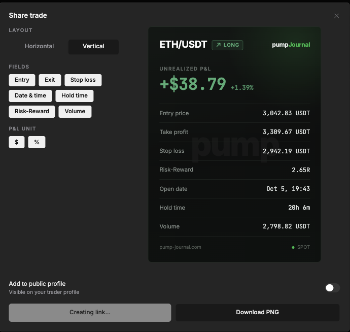 PumpJournal's tweet photo. Share the trade. Not your account size.

Turn any trade in Pump Journal into a clean card:
→ horizontal or vertical
→ pick the fields: entry, exit, stop, R:R, hold time
→ P&amp;L in $ or %
→ PNG or a link https://t.co/PkSvSqVzsd
