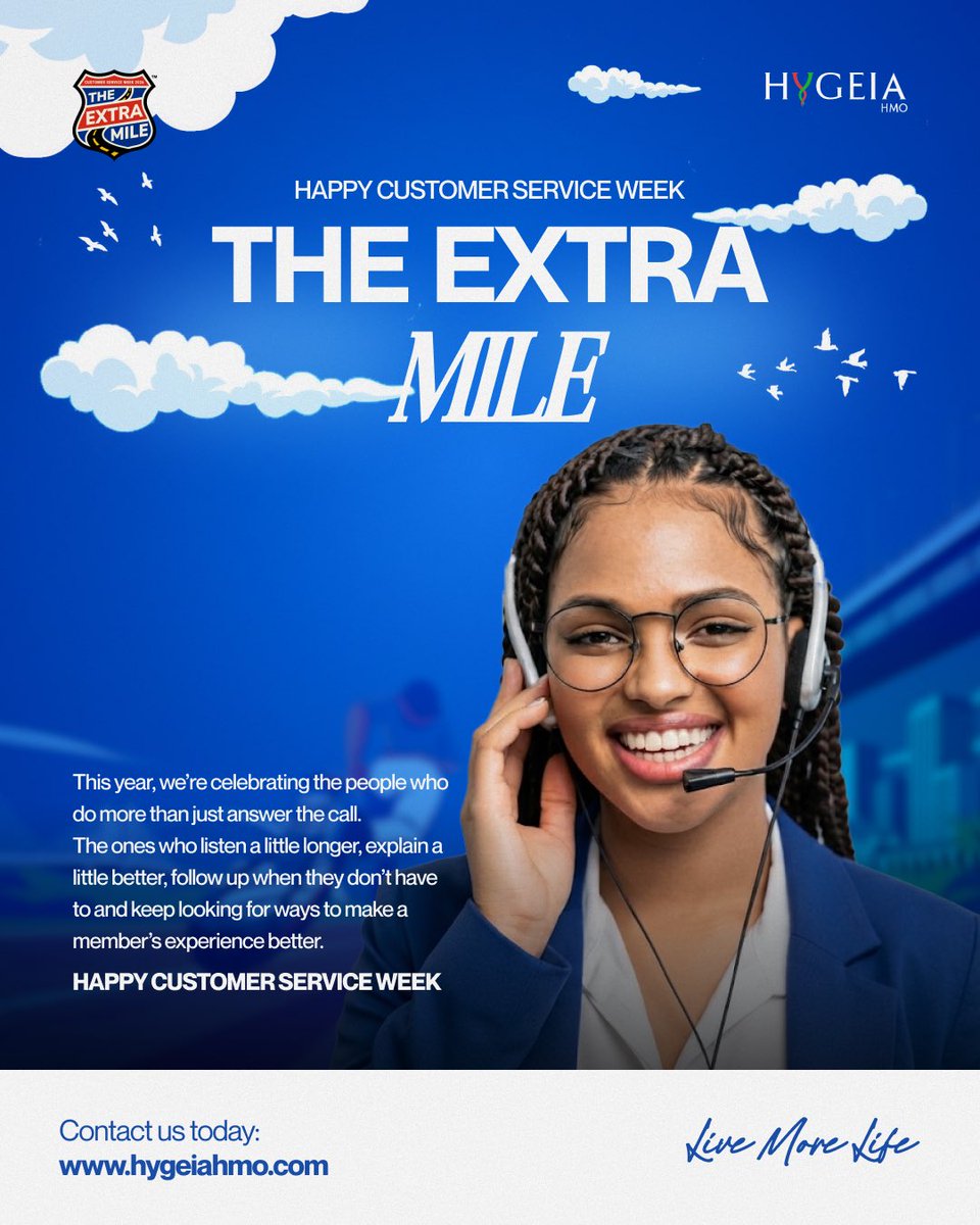 HygeiaHMO_'s tweet photo. It's Customer Service Week!

To our amazing Customer Service team, thank you for always showing up and going the extra mile. 
#CustomerServiceWeek2026 #TheExtraMile
#HygeiaHMO #LiveMoreLife https://t.co/kPNGMeKPlr