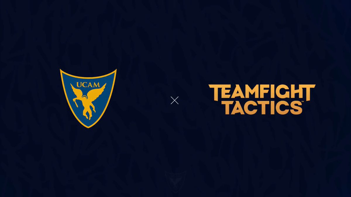 A promotional graphic displays the UCAM university shield logo next to the 'Teamfight Tactics' logo on a dark background.