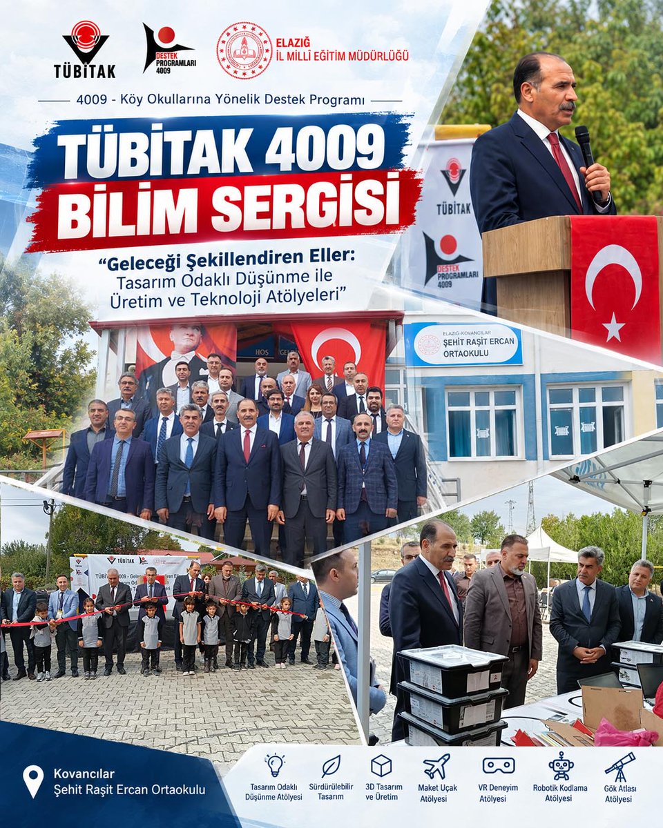 elazigmem's tweet photo. 📌TÜBİTAK 4009-Köy Okullarına Yönelik Destek Programı

TÜBİTAK 4009-Köy Okullarına Yönelik Destek Programı kapsamında hazırlanan “Geleceği Şekillendiren Eller: Tasarım Odaklı Düşünme ile Üretim ve Teknoloji Atölyeleri” projesi, Kovancılar Belediye Başkanı Sayın Vahap Gök, İl Millî Eğitim Müdürümüz Aziz GÜN, Kovancılar İlçe Milli Eğitim Müdürü Murat Kaya, eğitimciler ve öğrencilerimizin katılımıyla Kovancılar Şehit Raşit Ercan Ortaokulunda gerçekleştirildi.

Öğrencilerin tasarım, üretim ve teknoloji becerilerini geliştirmeyi amaçlayan proje kapsamında hazırlanan atölyelerde; öğrencilerin bilim ve teknolojiyle buluşarak farklı alanlarda uygulamalı çalışmalar yapmaları sağlandı.

Program kapsamında öğrencilerin çalışmalarını inceleyen İl Müdürümüz Aziz GÜN, öğrencilerle sohbet ederek hazırladıkları projeler hakkında bilgi aldı. Ardından düzenlenen programda katılımcılara hitap eden GÜN, emeği geçen akademisyen, öğretmen ve öğrencilere teşekkür etti. 🇹🇷🔬🤖

Müdür Gün okuldaki programını öğretmenlerimiz ile yaptığı toplantı ile tamamladı.

📍Kovancılar Şehit Raşit Ercan Ortaokulu
@tcmeb @Yusuf__Tekin @numanhatipoglu @gun_aziz #Elazığ