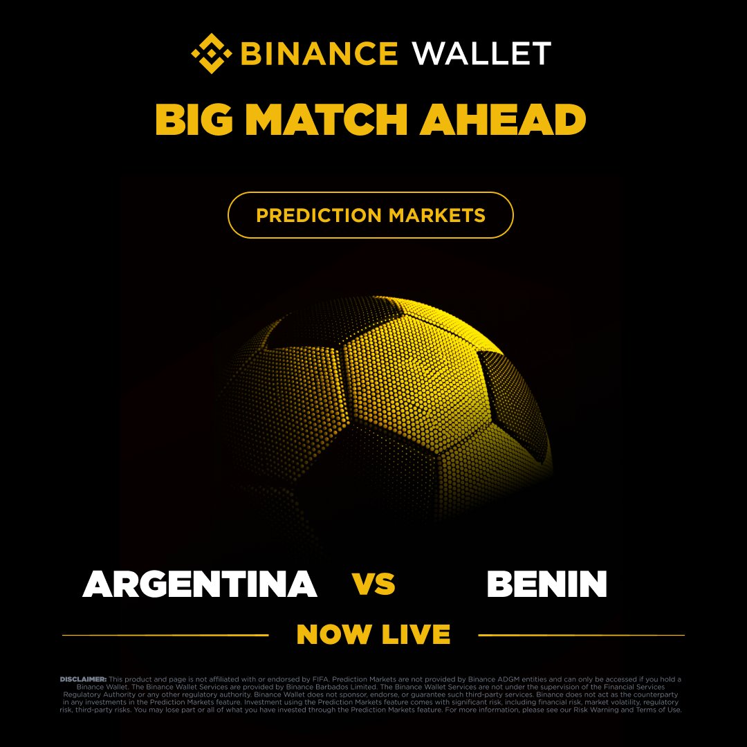 BinanceWallet's tweet photo. ⚽ Tonight, a legend says goodbye.

Argentina vs. Benin Prediction Market is now live.

Messi's final bow in blue and white. Witness history！

Join the PnL Trading Competition and compete for a share of a 100,000 USDT prize pool!

Join now: https://t.co/adFWf1vpBT https://t.co/j44UyHMD3E