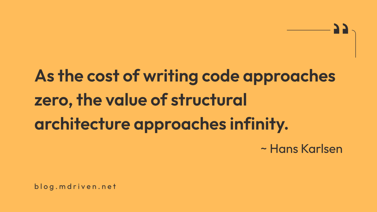 MdrivenA's tweet photo. AI code generators feel no cognitive pain.  
Without strict architectural limits, your LLM-generated app will slowly regress into an unmaintainable biological tangle. 
Hans unpacks the trap and how to fix it: https://t.co/Wd4Q02pjKy https://t.co/twWl4qzl9I