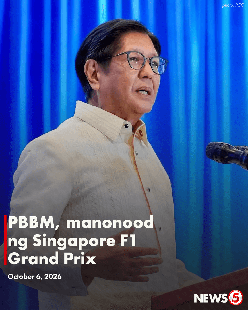 News5PH's tweet photo. MANONOOD NG F1 GRAND PRIX SA SINGAPORE 🇸🇬🏁

Nakatakdang manood ni Pres. Bongbong Marcos ng Singapore F1 Grand Prix.

Ayon kay Foreign Affairs Asec. Analyn Ratonel, personal na inimbitahan si Singaporean Prime Minister Lawrence Wong si Pres. Marcos Jr. sa motor racing event.

Biyaheng Singapore ang Pangulo para sa isang working visit sa Oct. 7-11. | via Maricel Halili